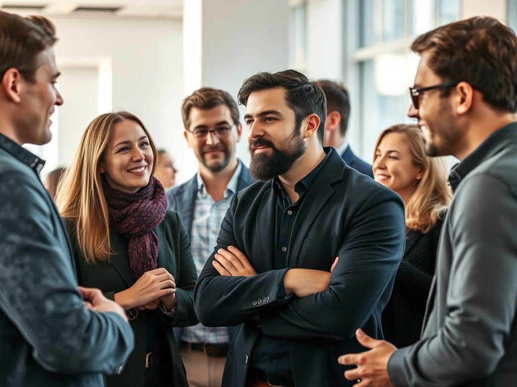 A group of six people engaging in a lively conversation, smiling and interacting in a bright, modern office environment. Two men, one with a beard and the other with glasses, and four women are present, showcasing a professional networking atmosphere.